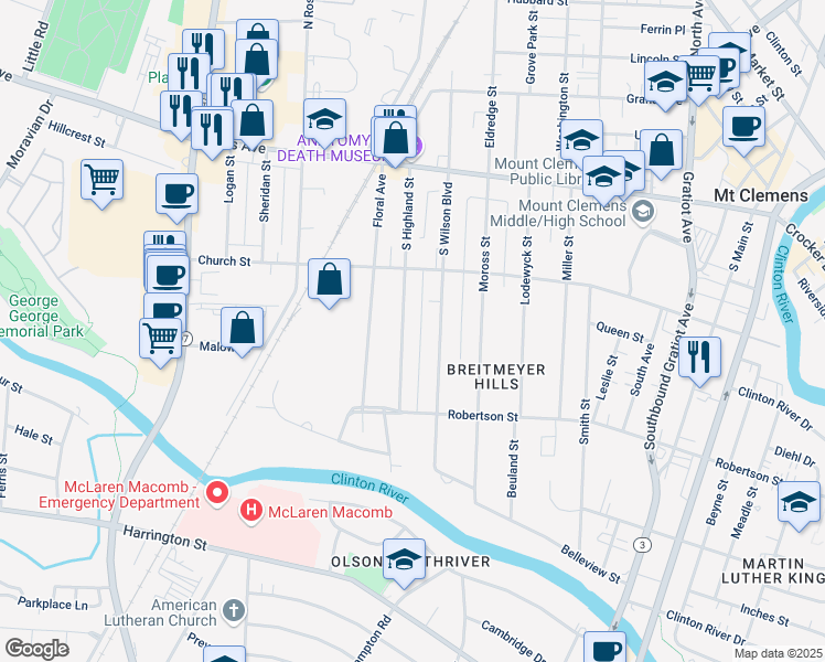 map of restaurants, bars, coffee shops, grocery stores, and more near 95 South Highland Street in Mount Clemens