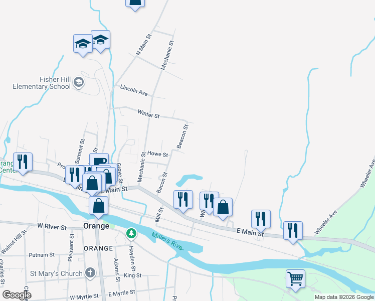 map of restaurants, bars, coffee shops, grocery stores, and more near 26 Beacon Street in Orange