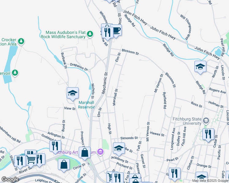 map of restaurants, bars, coffee shops, grocery stores, and more near 39 Oxford Street in Fitchburg