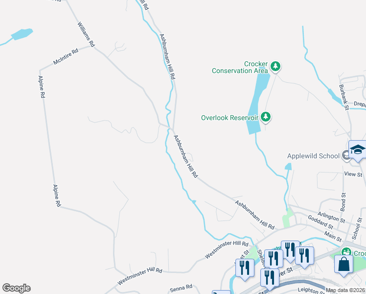 map of restaurants, bars, coffee shops, grocery stores, and more near 347 Ashburnham Hill Road in Fitchburg