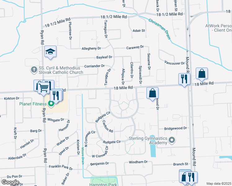 map of restaurants, bars, coffee shops, grocery stores, and more near 4900 18 Mile Road in Sterling Heights