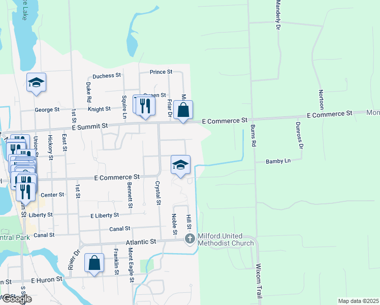 map of restaurants, bars, coffee shops, grocery stores, and more near 642 Hill Street in Milford Charter Township