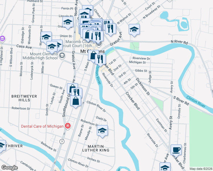 map of restaurants, bars, coffee shops, grocery stores, and more near 28 Riverside Drive in Mount Clemens