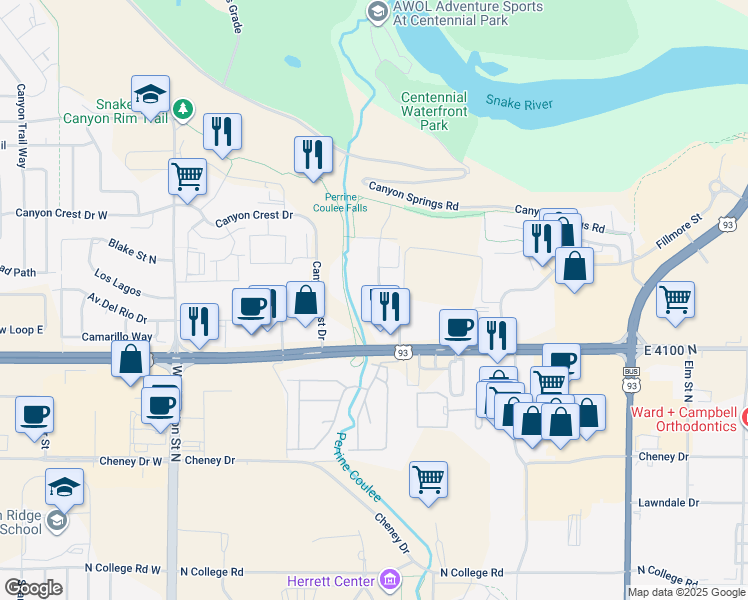 map of restaurants, bars, coffee shops, grocery stores, and more near 1835 Harrison Street North in Twin Falls