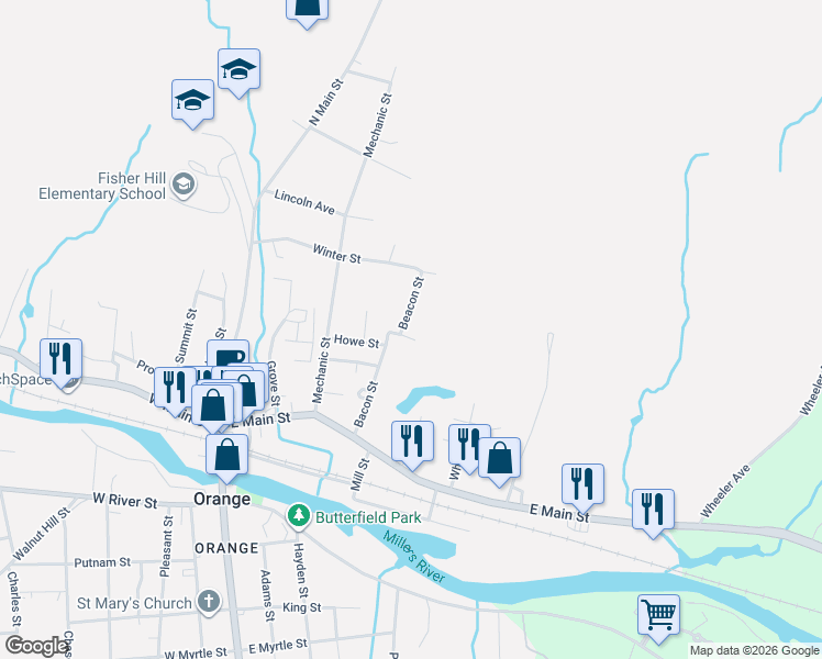 map of restaurants, bars, coffee shops, grocery stores, and more near 26 Beacon Street in Orange