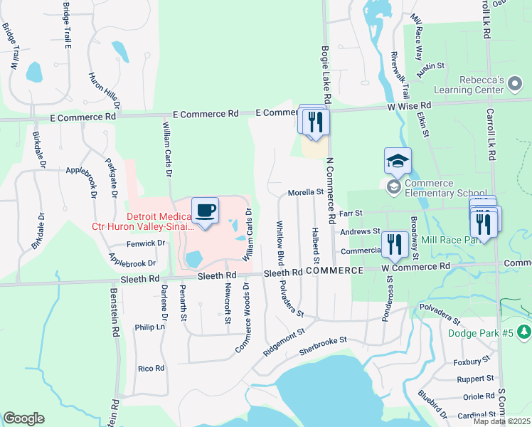 map of restaurants, bars, coffee shops, grocery stores, and more near 4907 Whitlow Boulevard in Commerce Charter Township