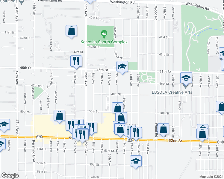 map of restaurants, bars, coffee shops, grocery stores, and more near 4621 36th Avenue in Kenosha