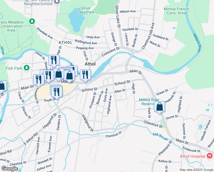 map of restaurants, bars, coffee shops, grocery stores, and more near 75 Drury Avenue in Athol