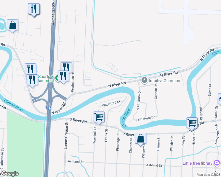 map of restaurants, bars, coffee shops, grocery stores, and more near 25850 North River Road in Harrison Township