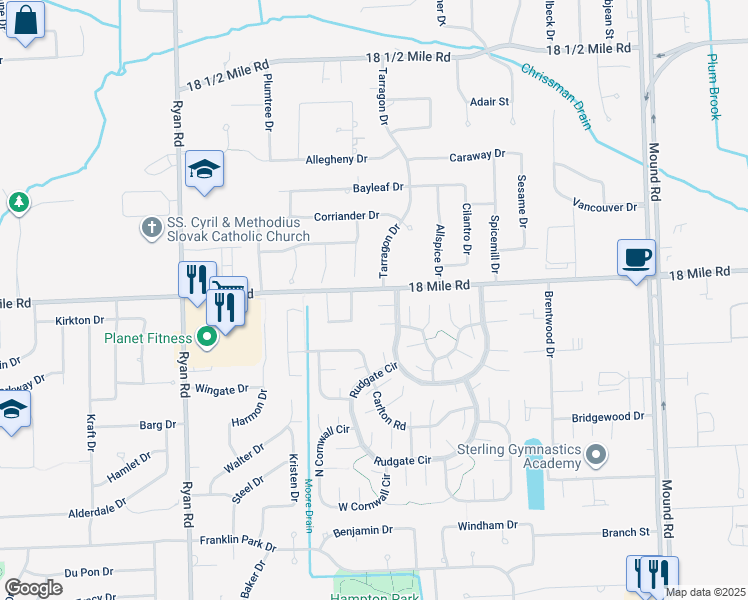 map of restaurants, bars, coffee shops, grocery stores, and more near 41015 Tarragon Drive in Sterling Heights