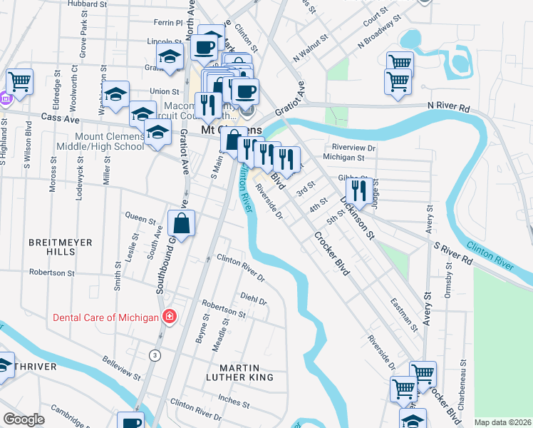 map of restaurants, bars, coffee shops, grocery stores, and more near 28 Riverside Drive in Mount Clemens