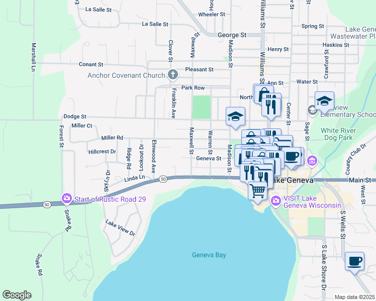 map of restaurants, bars, coffee shops, grocery stores, and more near 331 Maxwell Street in Lake Geneva