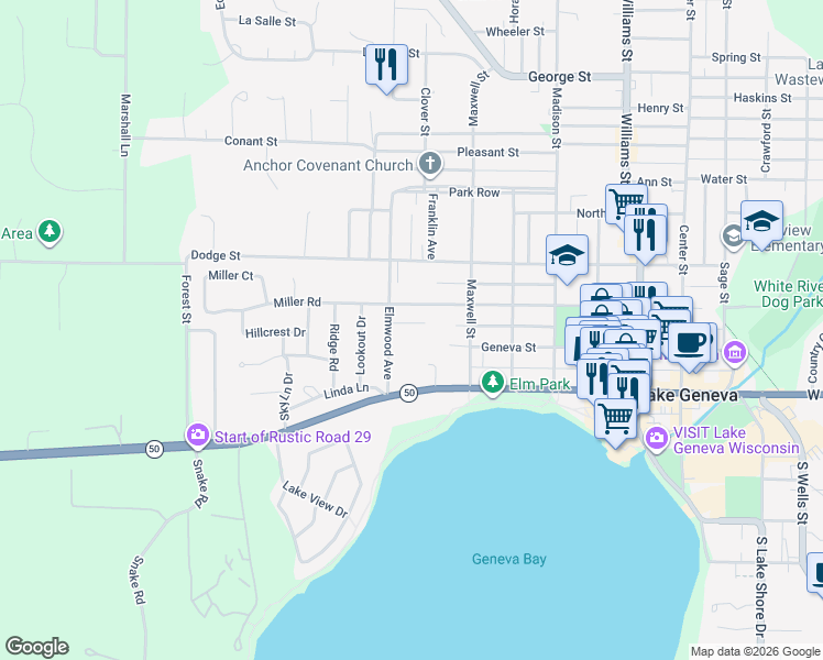 map of restaurants, bars, coffee shops, grocery stores, and more near 255 Elmwood Avenue in Lake Geneva