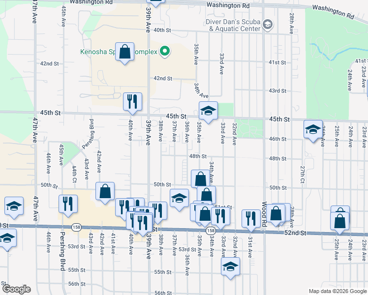 map of restaurants, bars, coffee shops, grocery stores, and more near 4710 36th Avenue in Kenosha