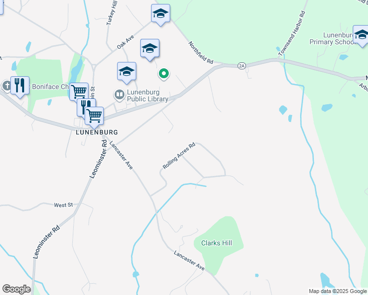 map of restaurants, bars, coffee shops, grocery stores, and more near 93 Rolling Acres Road in Lunenburg