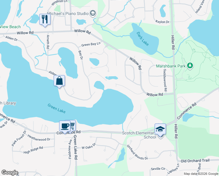 map of restaurants, bars, coffee shops, grocery stores, and more near 6305 North Shore Court in West Bloomfield Township