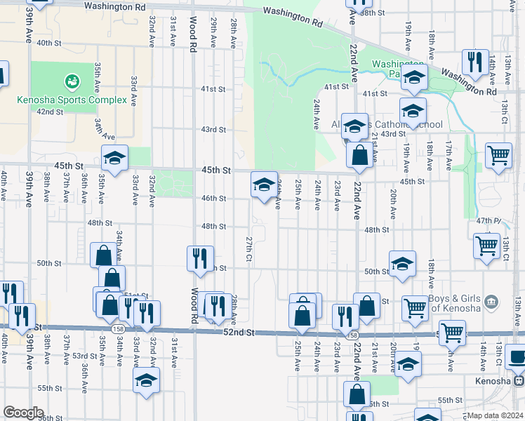 map of restaurants, bars, coffee shops, grocery stores, and more near 2600 50th Street in Kenosha
