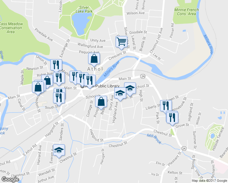 map of restaurants, bars, coffee shops, grocery stores, and more near 300 School Street in Athol