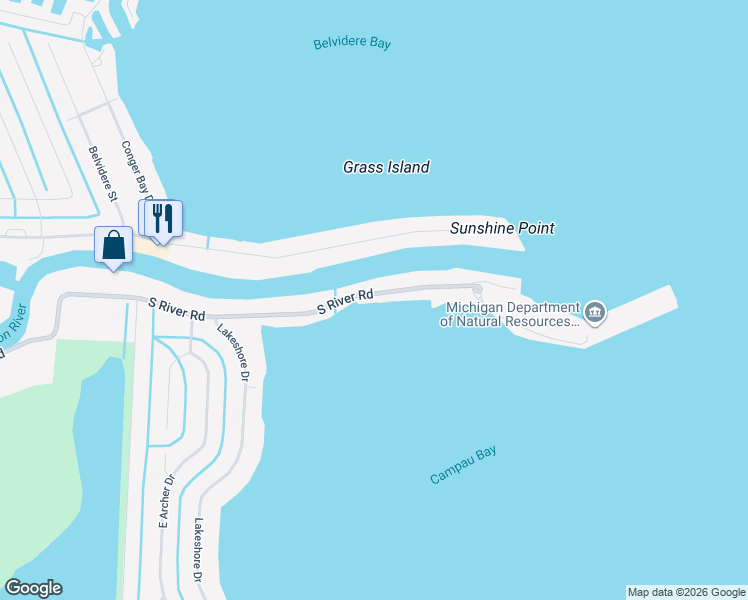 map of restaurants, bars, coffee shops, grocery stores, and more near 32695 South River Road in Harrison charter Township