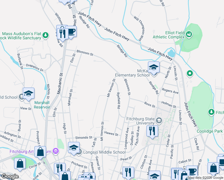 map of restaurants, bars, coffee shops, grocery stores, and more near 340 Mount Vernon Street in Fitchburg