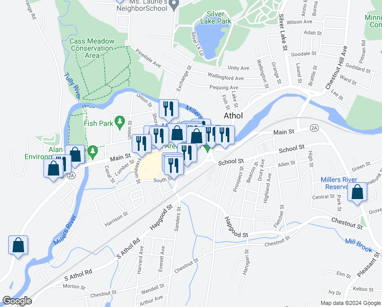 map of restaurants, bars, coffee shops, grocery stores, and more near 435 Main Street in Athol