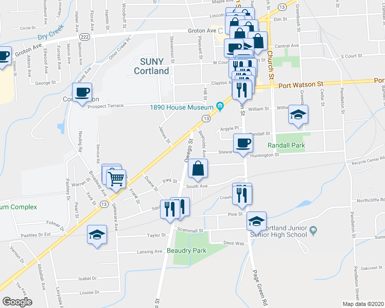map of restaurants, bars, coffee shops, grocery stores, and more near 16 Owego Street in Cortland