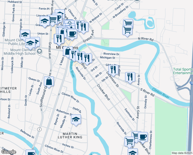 map of restaurants, bars, coffee shops, grocery stores, and more near 95 Crocker Boulevard in Mount Clemens