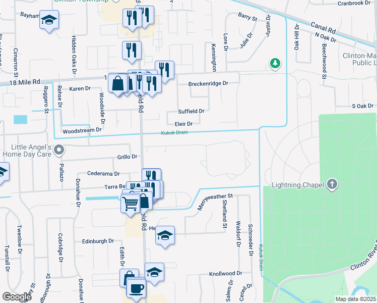 map of restaurants, bars, coffee shops, grocery stores, and more near 17016 Kingsbrooke Drive in Clinton Township