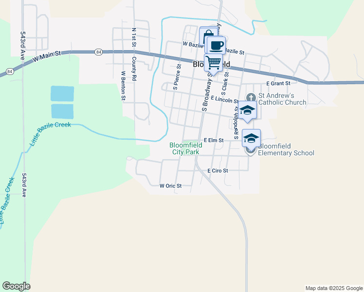 map of restaurants, bars, coffee shops, grocery stores, and more near South Washington Street in Bloomfield