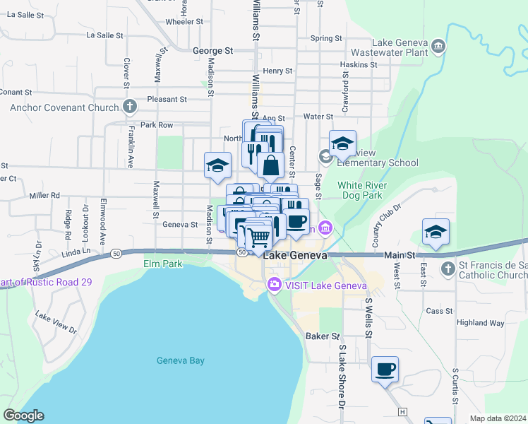map of restaurants, bars, coffee shops, grocery stores, and more near Broad Street in Lake Geneva