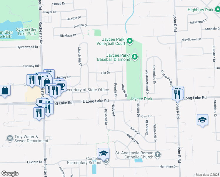 map of restaurants, bars, coffee shops, grocery stores, and more near 5108 Tyler Drive in Troy
