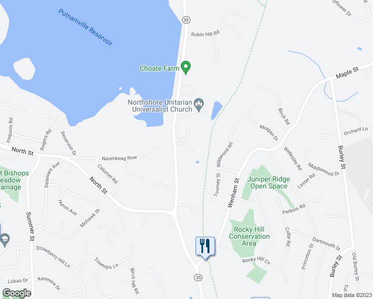 map of restaurants, bars, coffee shops, grocery stores, and more near 311 Locust Street in Danvers