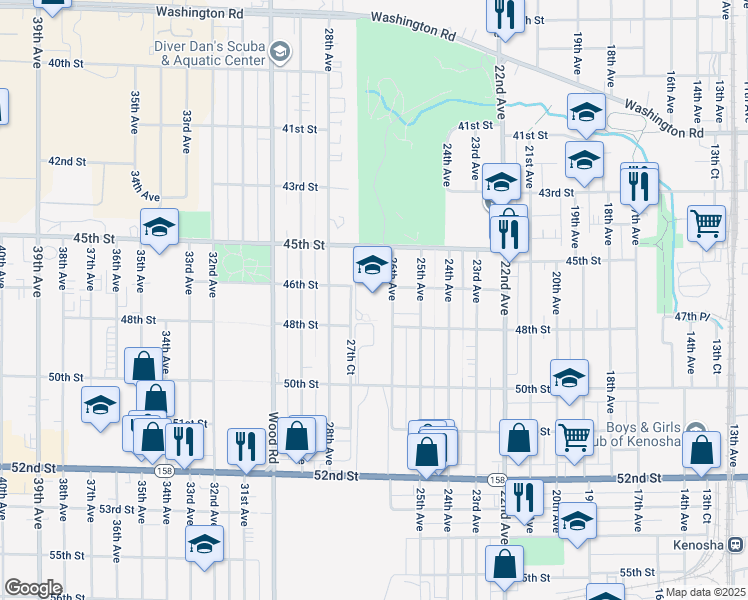 map of restaurants, bars, coffee shops, grocery stores, and more near 2600 50th Street in Kenosha