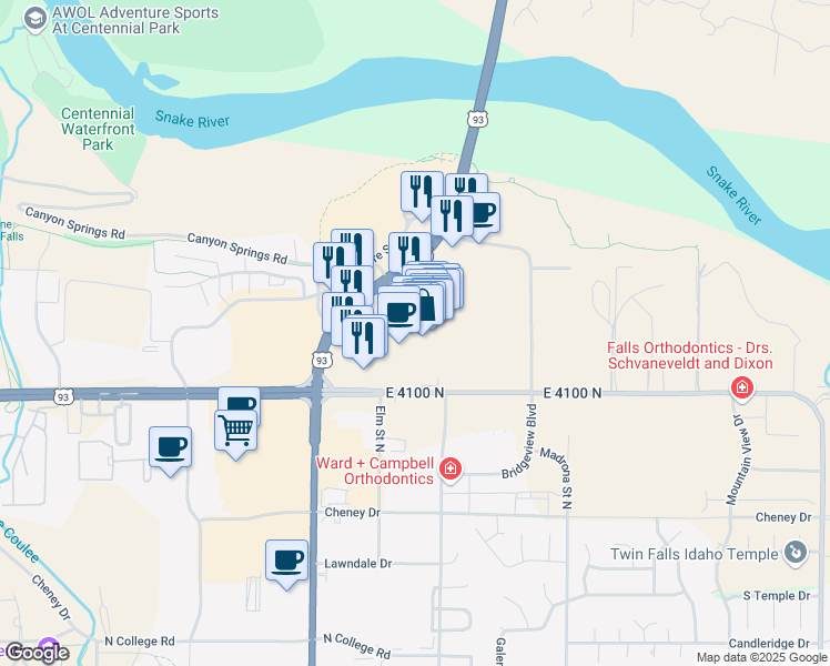 map of restaurants, bars, coffee shops, grocery stores, and more near 1615 Pole Line Road East in Twin Falls
