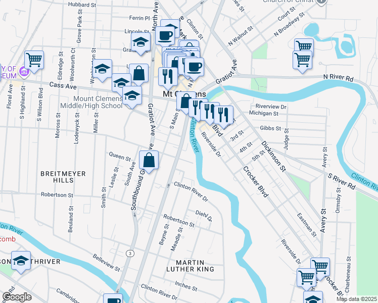 map of restaurants, bars, coffee shops, grocery stores, and more near 98 Northbound Gratiot Avenue in Mount Clemens
