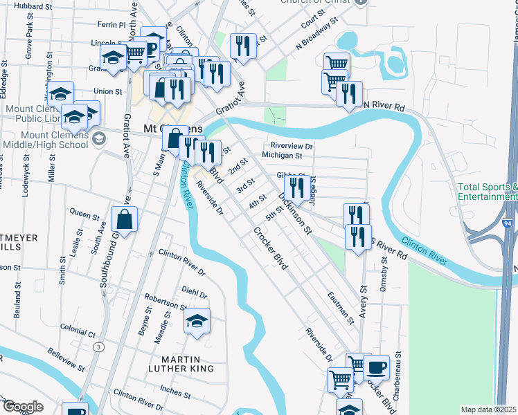 map of restaurants, bars, coffee shops, grocery stores, and more near 30 4th Street in Mount Clemens