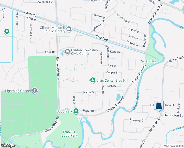map of restaurants, bars, coffee shops, grocery stores, and more near 19261 Cooper Street in Clinton Township