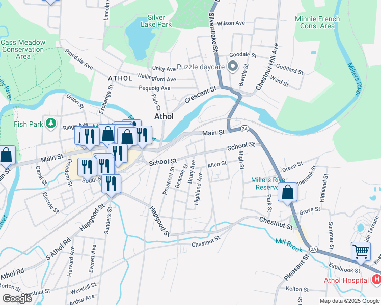 map of restaurants, bars, coffee shops, grocery stores, and more near 35 Concord Street in Athol