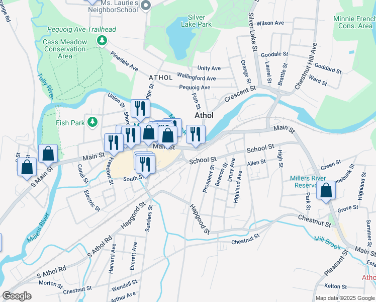 map of restaurants, bars, coffee shops, grocery stores, and more near 584 Main Street in Athol