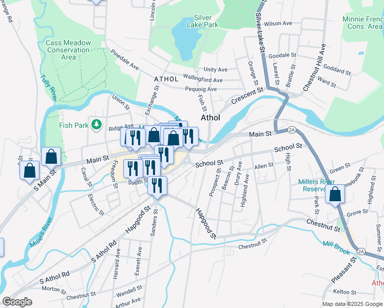 map of restaurants, bars, coffee shops, grocery stores, and more near 584 Main Street in Athol
