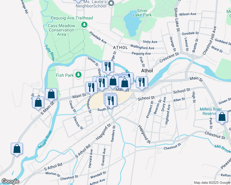 map of restaurants, bars, coffee shops, grocery stores, and more near 435 Main Street in Athol