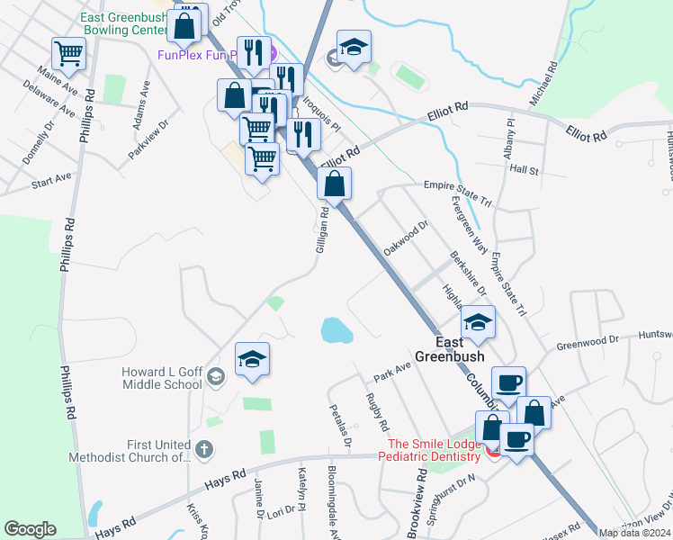 map of restaurants, bars, coffee shops, grocery stores, and more near 95 Gilligan Road in East Greenbush