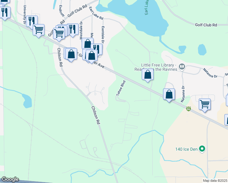 map of restaurants, bars, coffee shops, grocery stores, and more near 2860 East Grand River Road in Howell