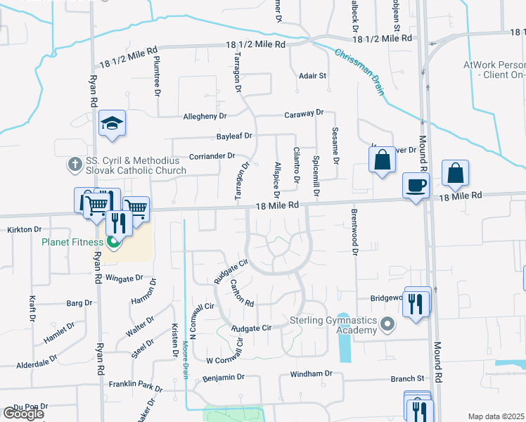 map of restaurants, bars, coffee shops, grocery stores, and more near 4900 18 Mile Road in Sterling Heights