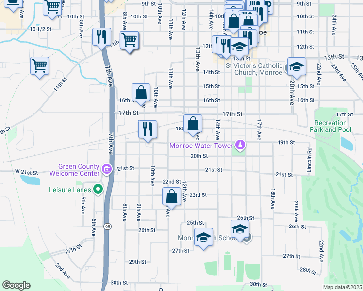 map of restaurants, bars, coffee shops, grocery stores, and more near 1128 19th Street in Monroe