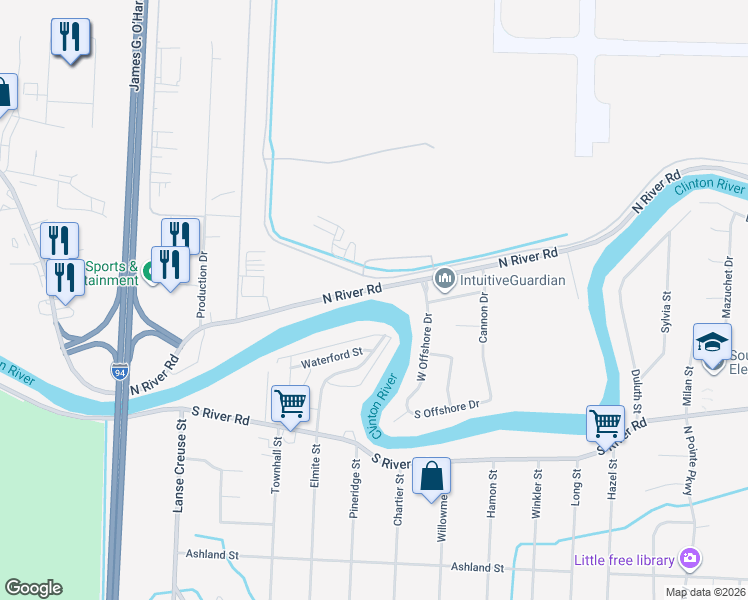 map of restaurants, bars, coffee shops, grocery stores, and more near 26162 North River Road in Macomb County