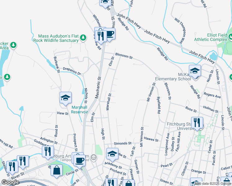 map of restaurants, bars, coffee shops, grocery stores, and more near 55 Villa Street in Fitchburg