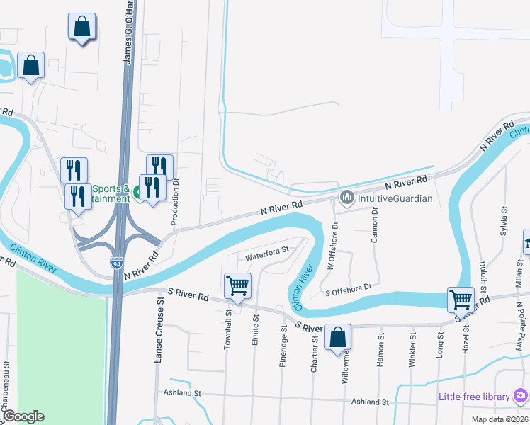 map of restaurants, bars, coffee shops, grocery stores, and more near 25850 North River Road in Harrison Township