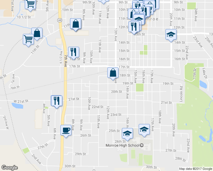map of restaurants, bars, coffee shops, grocery stores, and more near 1128 19th Street in Monroe