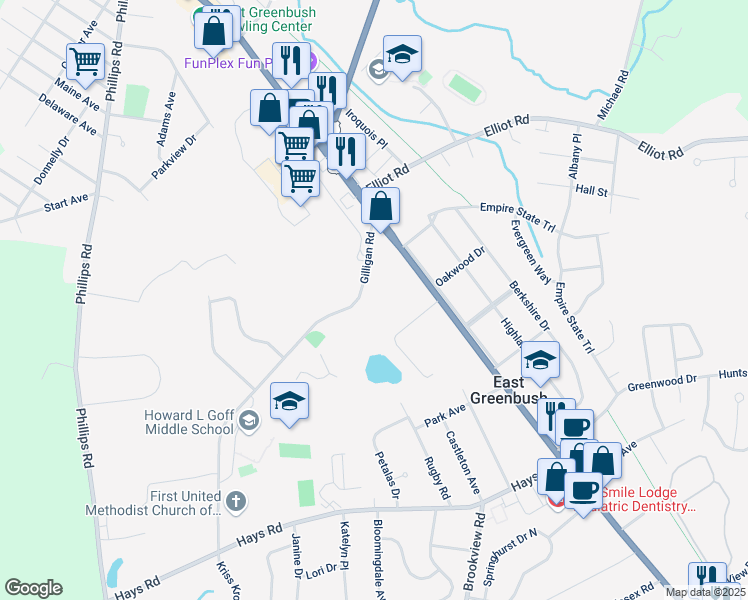 map of restaurants, bars, coffee shops, grocery stores, and more near 95 Gilligan Road in East Greenbush